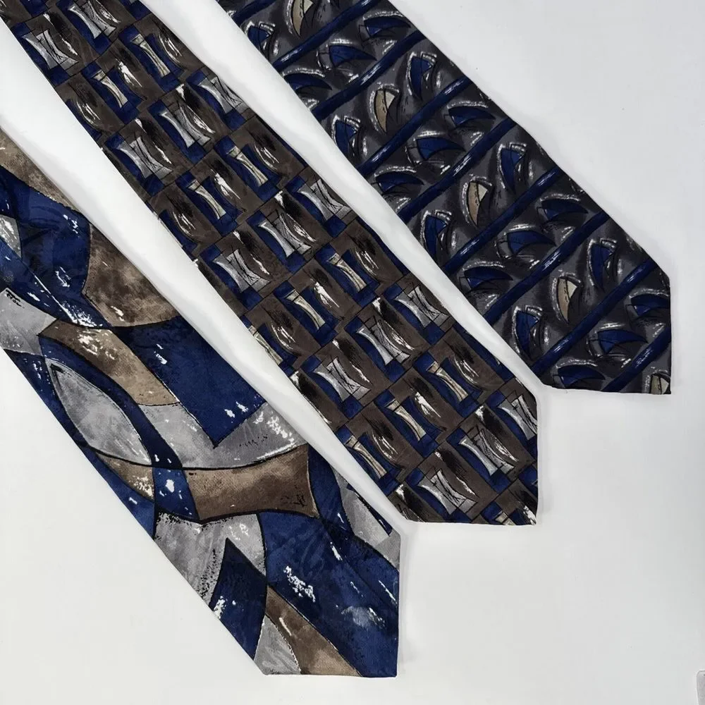 Lot of 3 Vintage Neckties Daniel Hechter 100% Silk‎ Made in USA Blue Black Brown